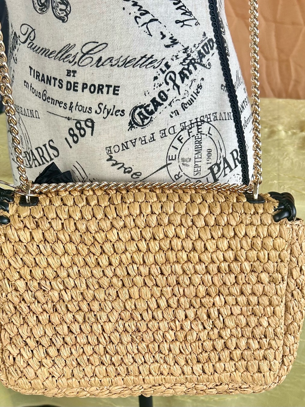 Tory Burch Natural Straw Crossbody with Black Trim and Gold Chain - Picture 12 of 13